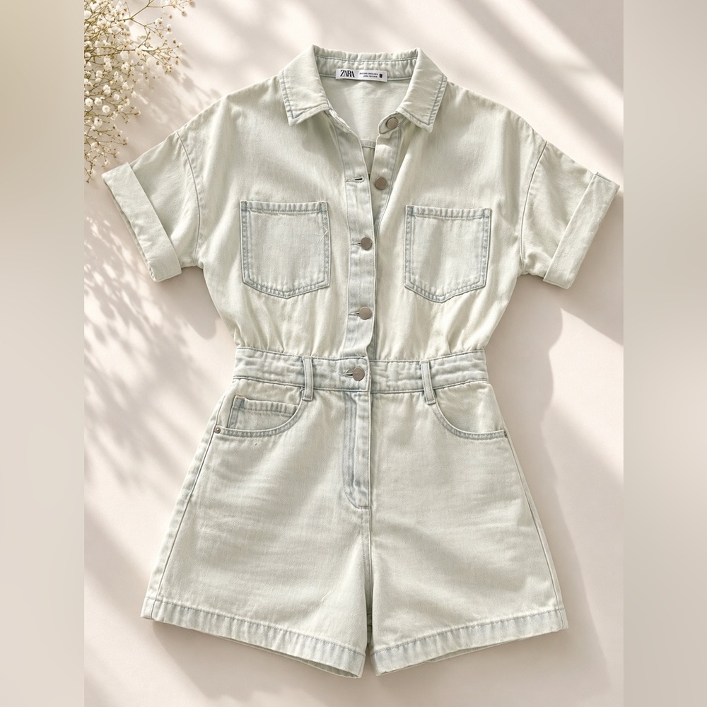 Zara Mint light blue Short-Sleeve Denim Jumpsuit